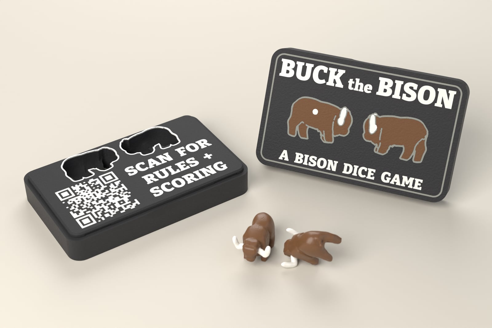 The open Buck the Bison case with its lid standing beside it and two bison dice in front