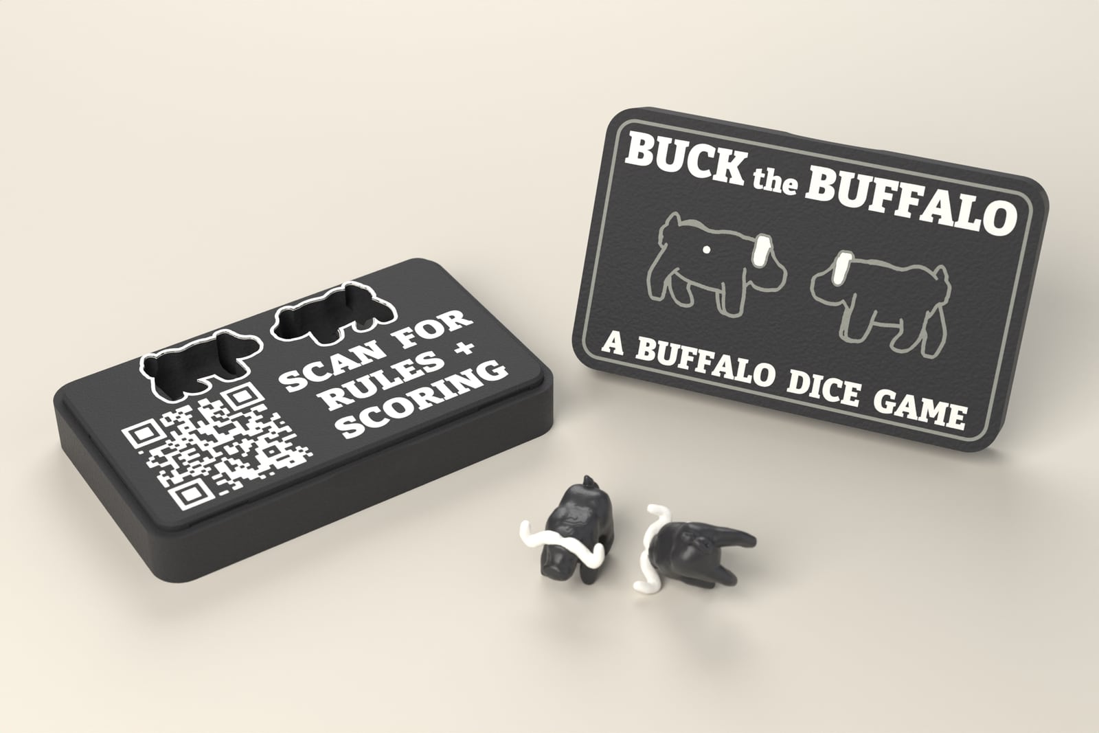 The open Buck the Buffalo case with its lid standing beside it and two buffalo dice in front