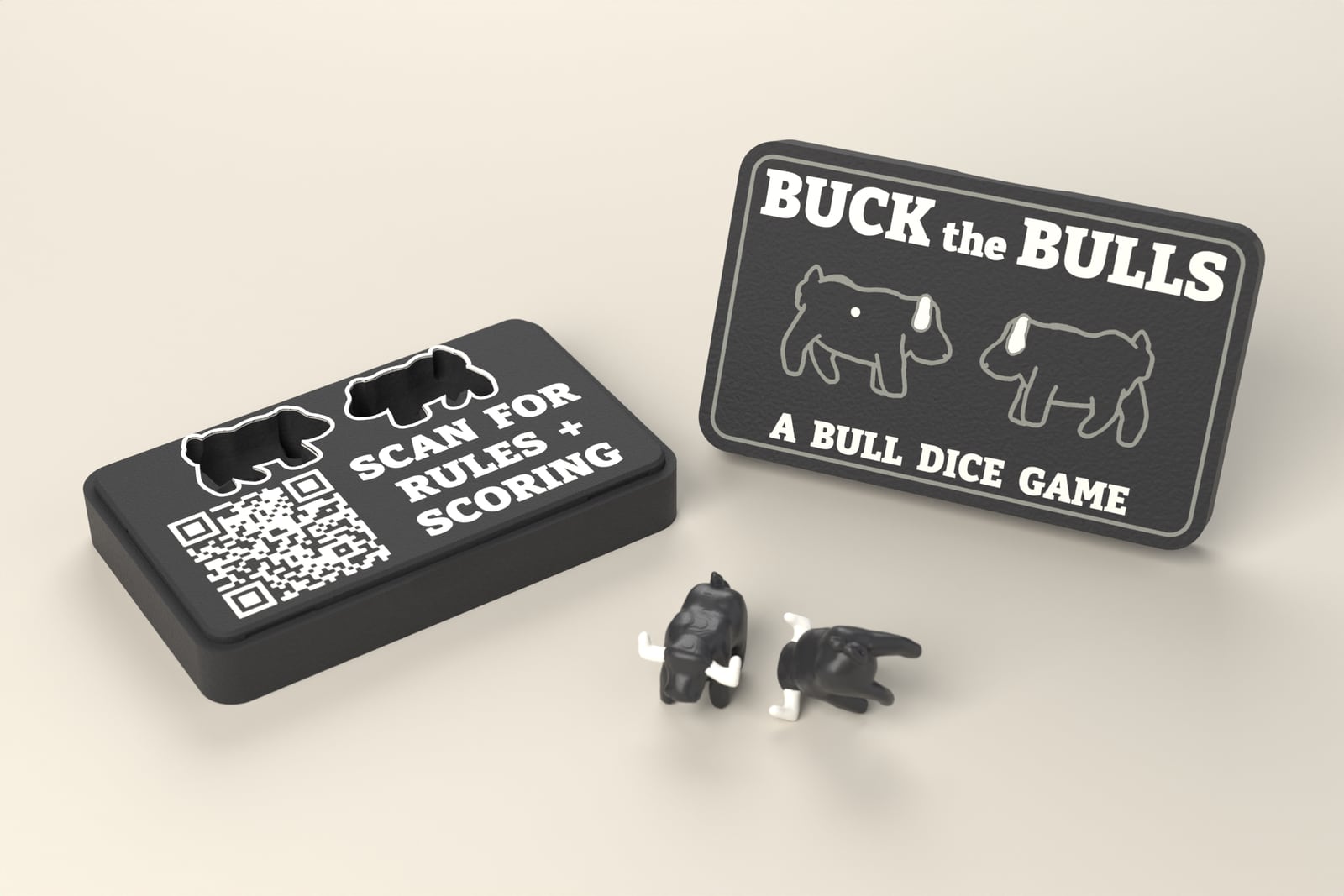 The open Buck the Bulls case with its lid standing beside it and two bull dice in front