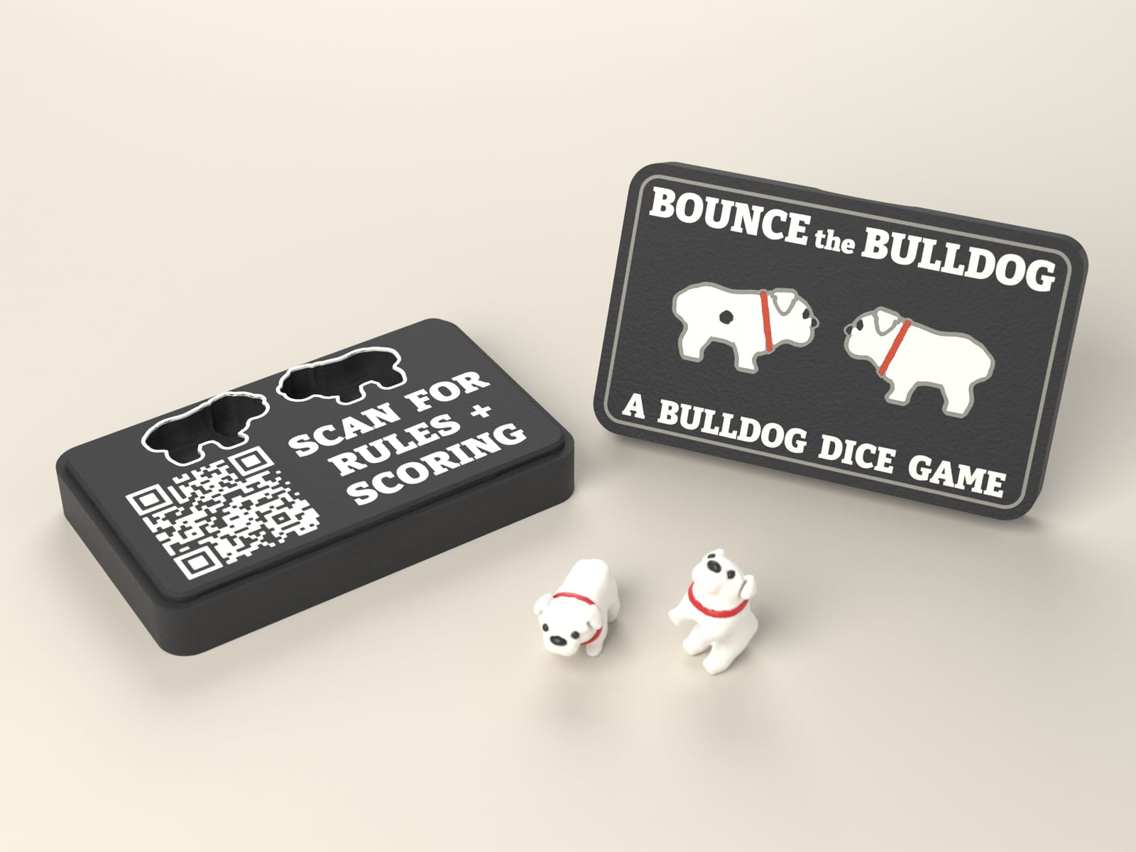The open Bounce the Bulldog case with its lid standing beside it and two bulldog dice in front