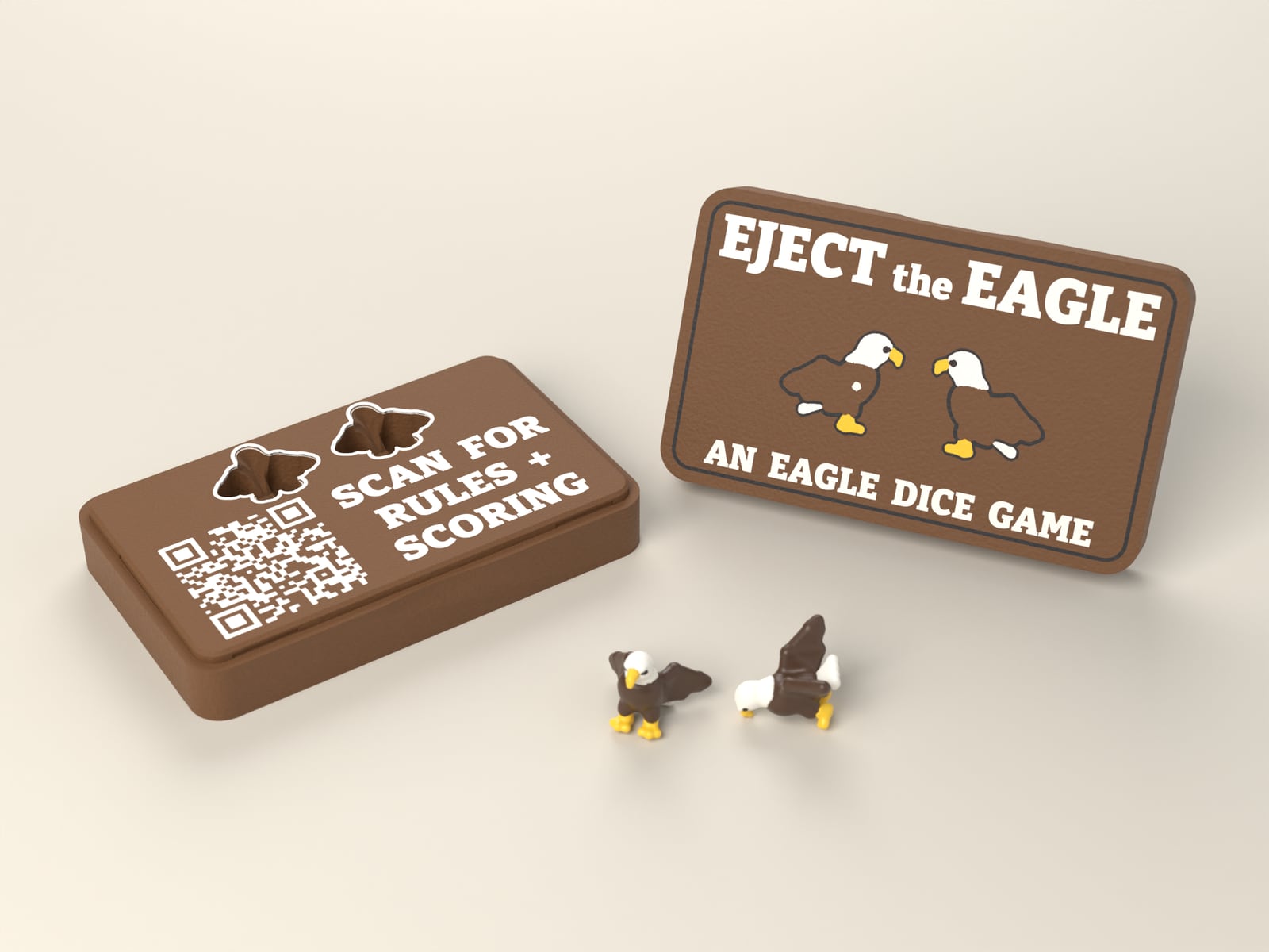 The open Eject the Eagle case with its lid standing beside it and two eagle dice in front