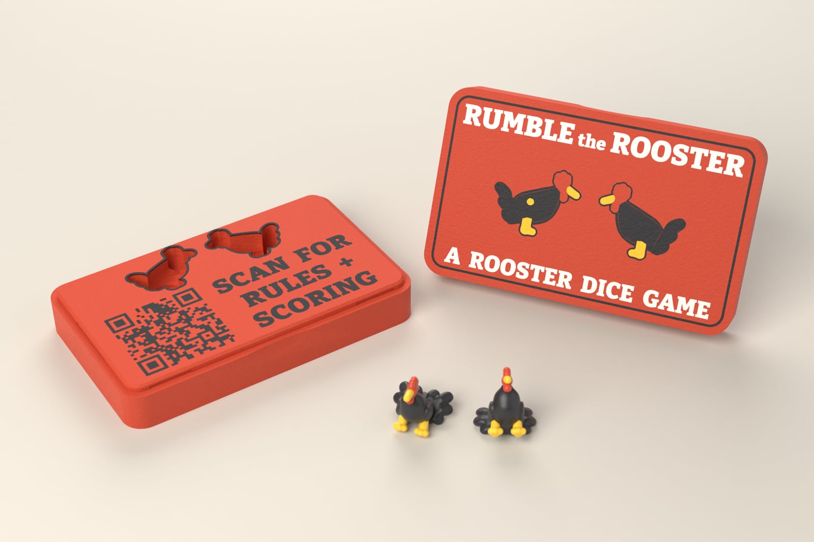 The open Rumble the Rooster case with its lid standing beside it and two rooster dice in front