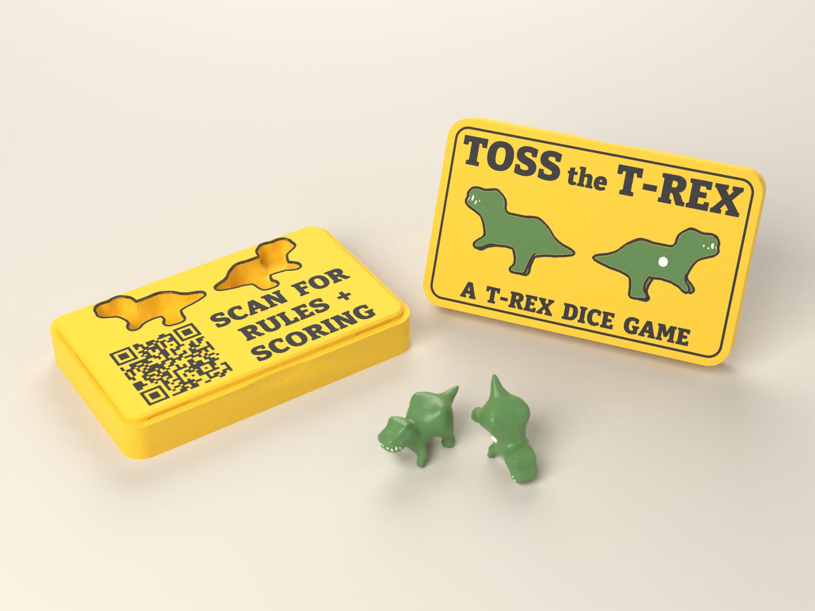The open Toss the T-Rex case with its lid standing beside it and two T-Rex dice in front