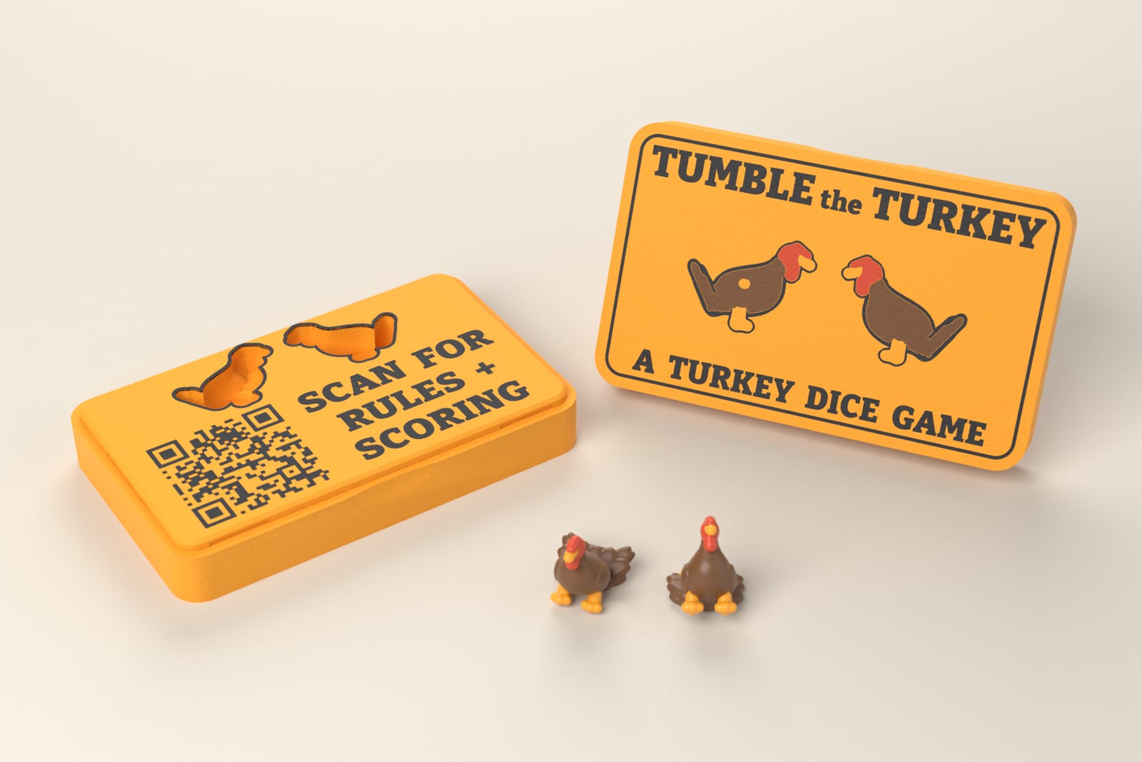 The open Tumble the Turkey case with its lid standing beside it and two turkey dice in front